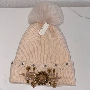 Cream Knit Beanie with Pom Pom and Gold Embellishments